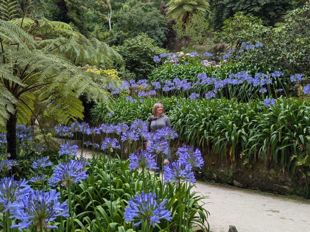 Woman on path surrounded by blue flowers